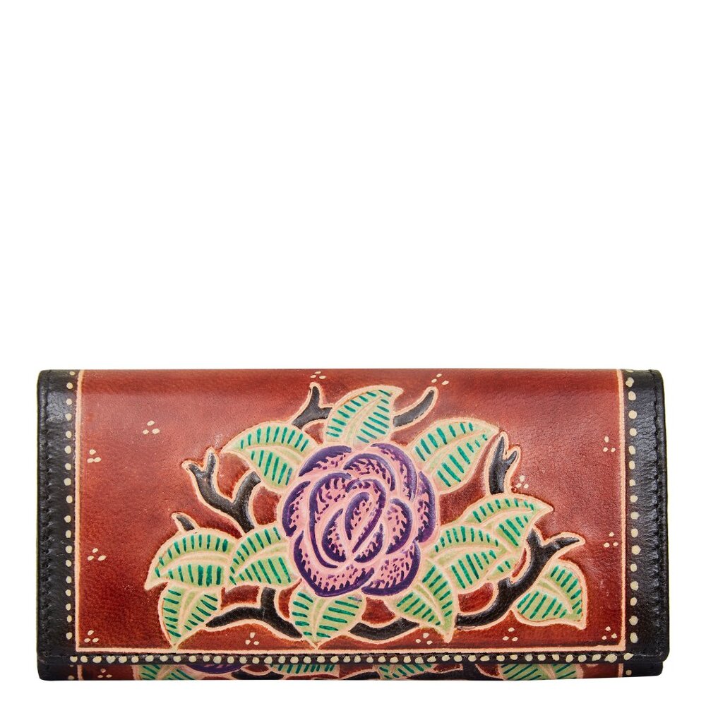 Hand-Painted Roses Embossed Artwork Leather Wallet with Card Slot for Ladies